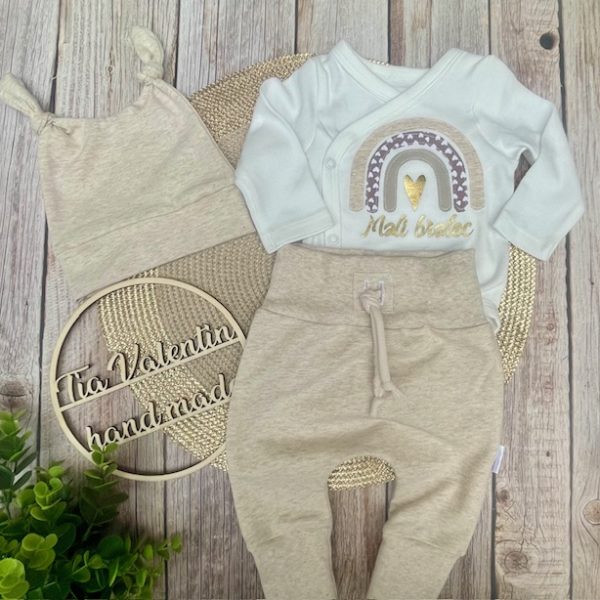 Kompletek za odhod iz porodnišnice Mali bratec melange bež motiv mavrica