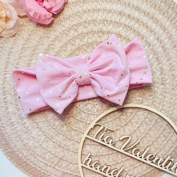 Trak za ušesa z mašno - roza zlate pikice