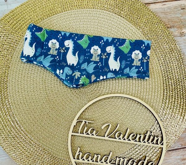 Trak za ušesa s podaljški - motiv dinozavri moder