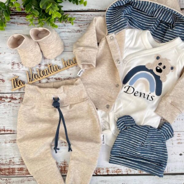 Kompletek za odhod iz porodnišnice Medvedek na mavrici, moder melange bež