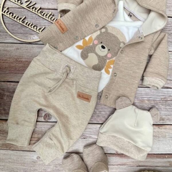 Kompletek za odhod iz porodnišnice Medvedek z listki- melange bež