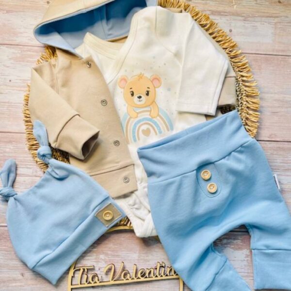 Kompletek za odhod iz porodnišnice "Medo na mavrici", svetlo moder - bež
