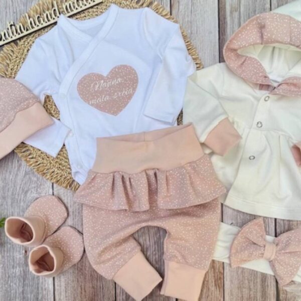 Kompletek za odhod iz porodnišnice – Pastel puder roza in drobne pikice