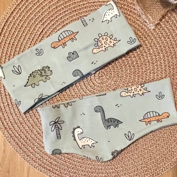 Trak za ušesa širok - motiv dinozavri na modro mint